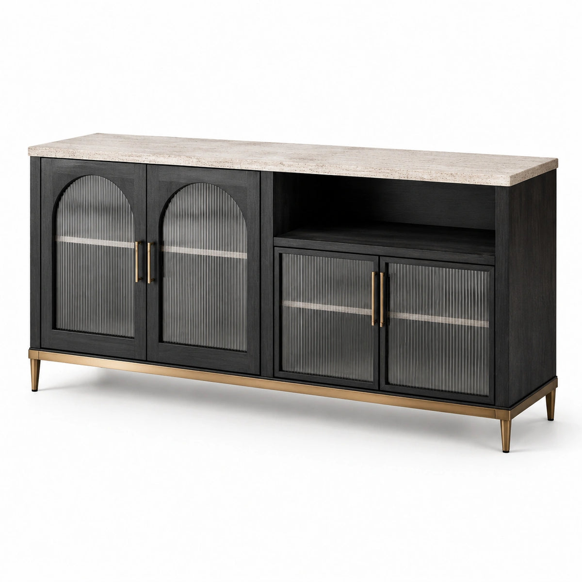 Aparador de Madera con Puertas de Vidrio Estriado y Encimera de Mármol 180x45x75 cm