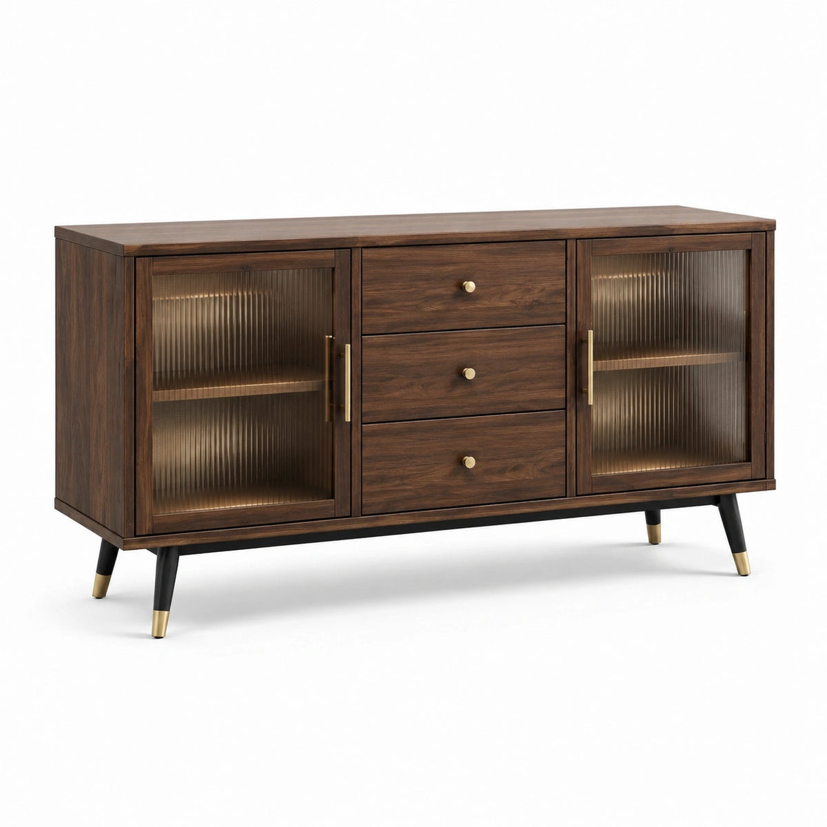 Aparador de madera marrón con puertas de vidrio templado y cajones 150x45x80 cm
