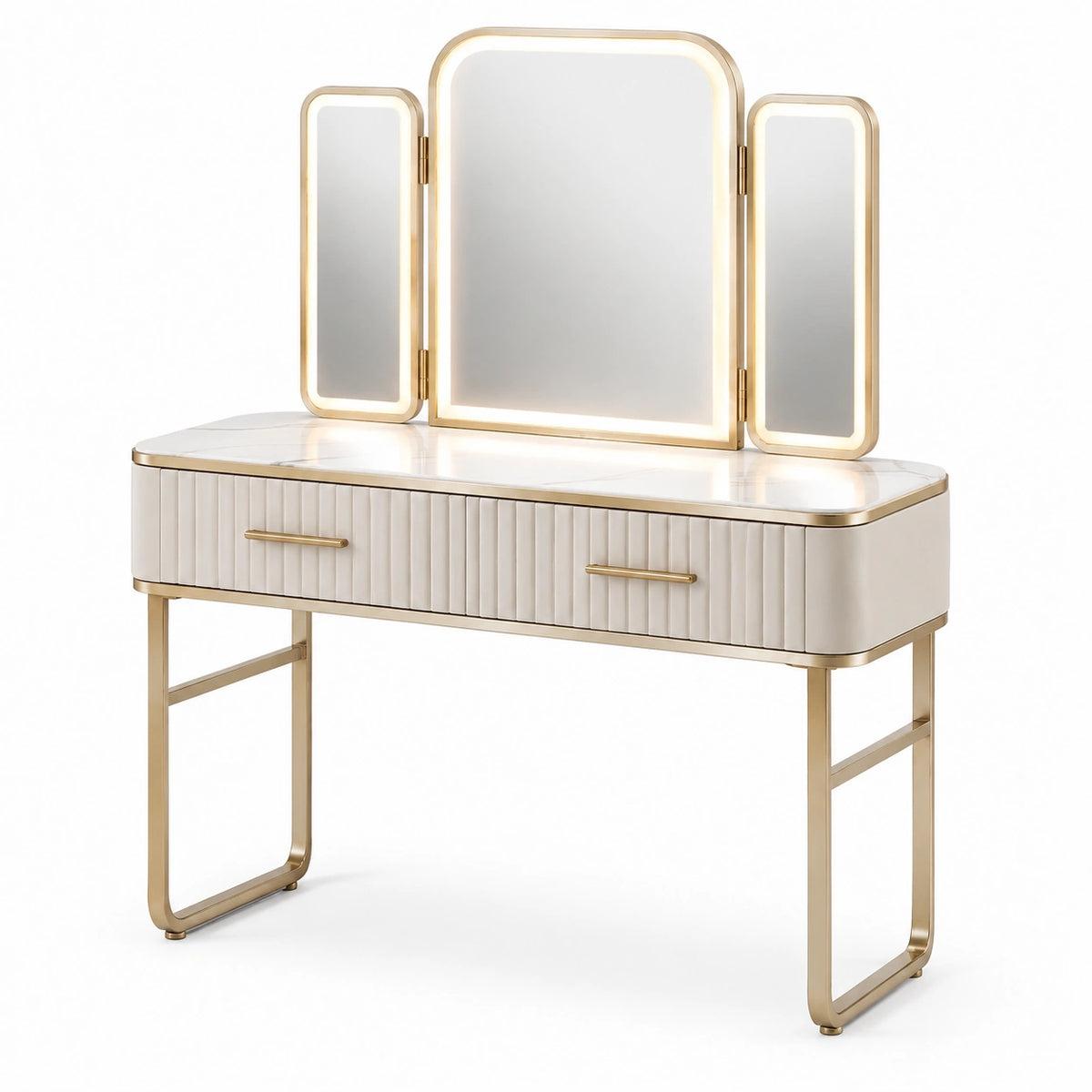 Tocador con Espejo LED, Blanco y Dorado, Tablero de Mármol