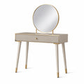 Tocador de madera y metal con espejo redondo beige dorado 80x40x130cm