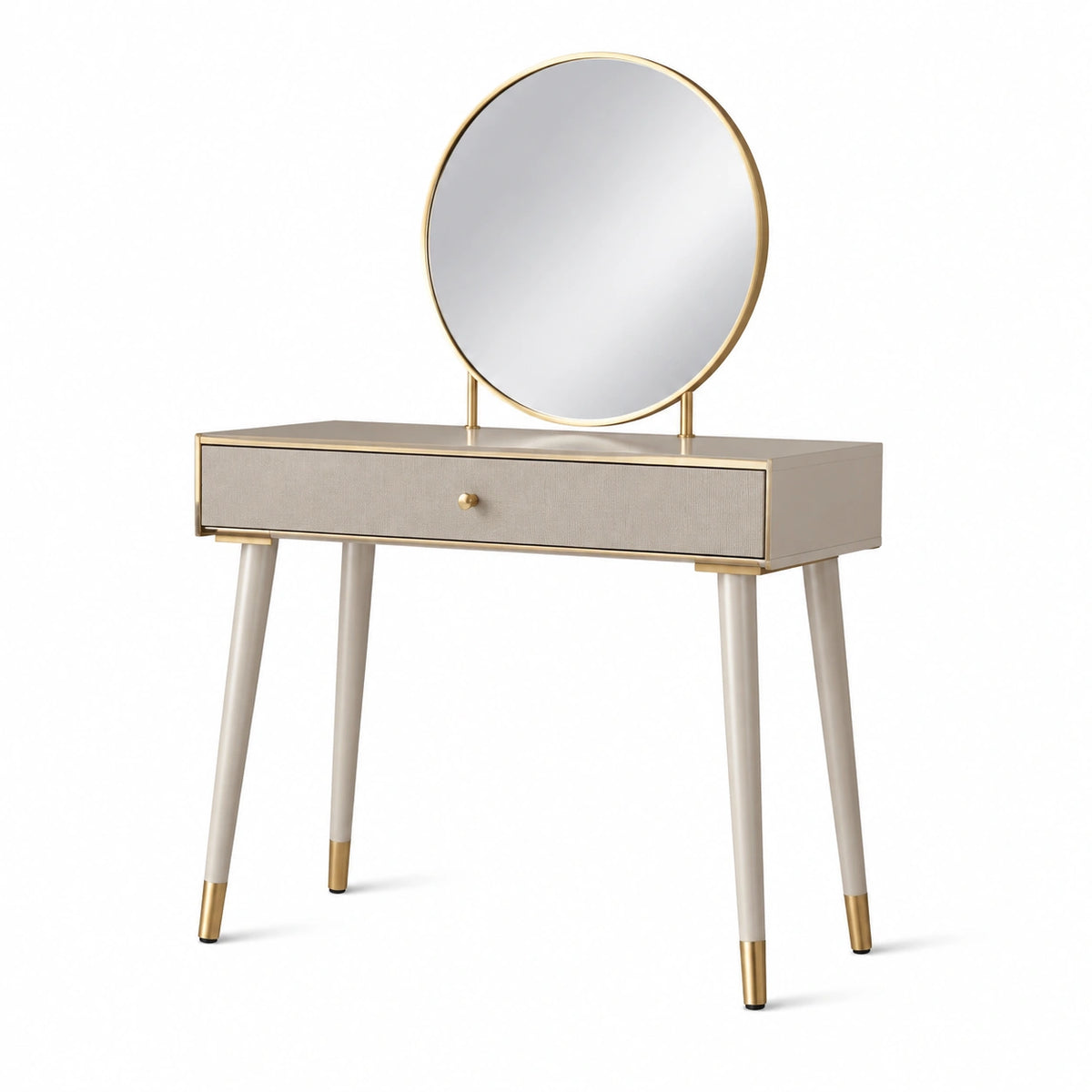 Tocador de madera y metal con espejo redondo beige dorado 80x40x130cm