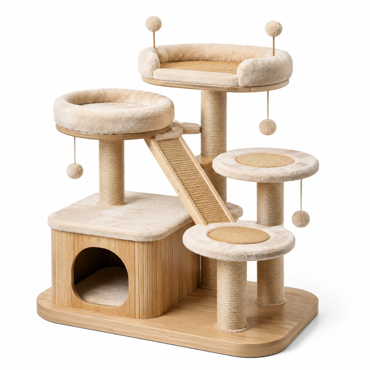 Árbol para gatos de madera beige con sisal y plataformas de felpa