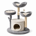 Árbol para gatos de felpa gris y beige con cueva