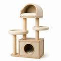 Árbol para gatos de madera con tela beige y postes de sisal