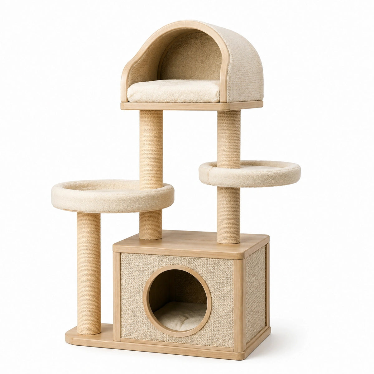 Árbol para gatos de madera con tela beige y postes de sisal