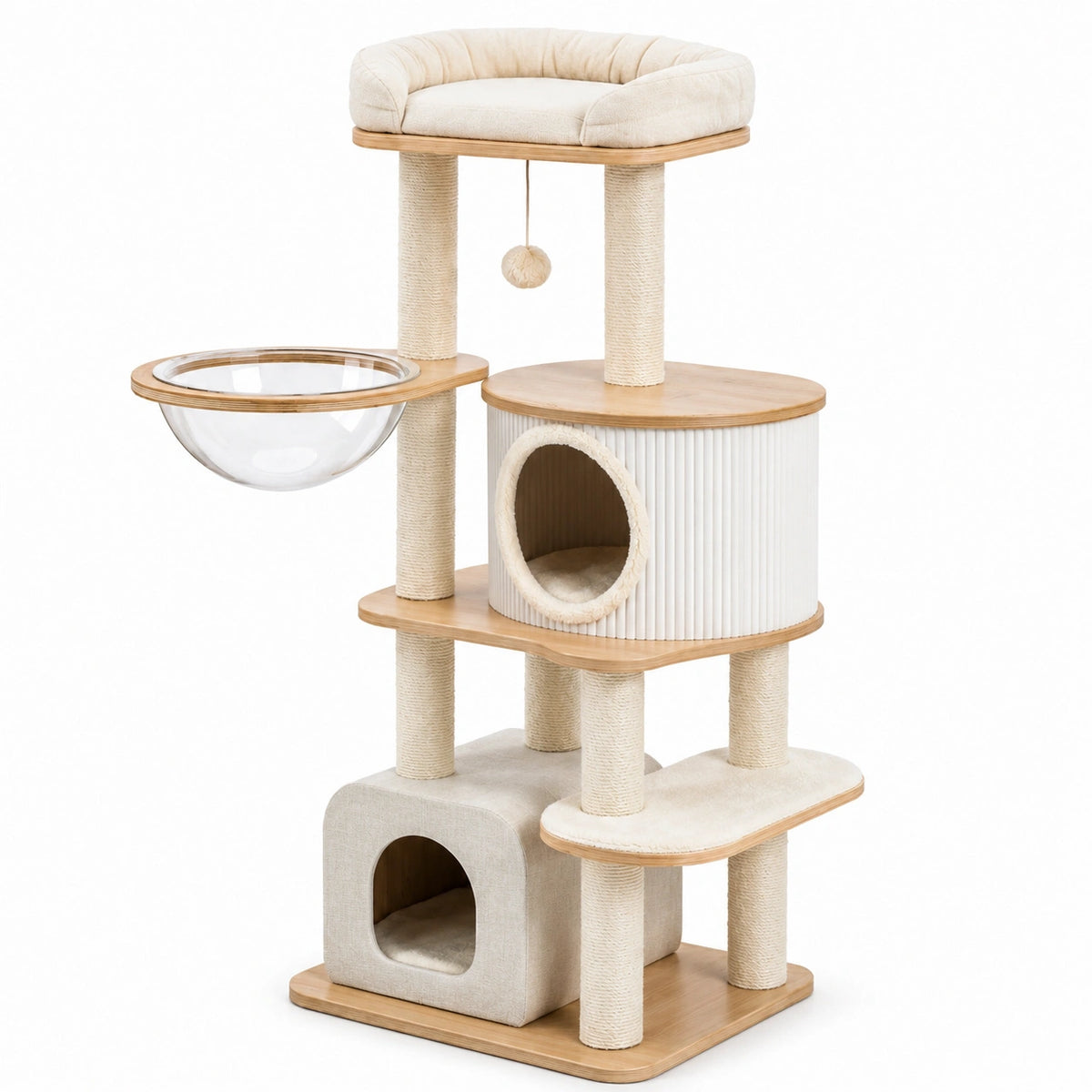 Árbol rascador de madera, lino y acrílico para gatos