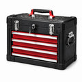 Caja de herramientas de metal negro con 4 cajones rojos y cerradura