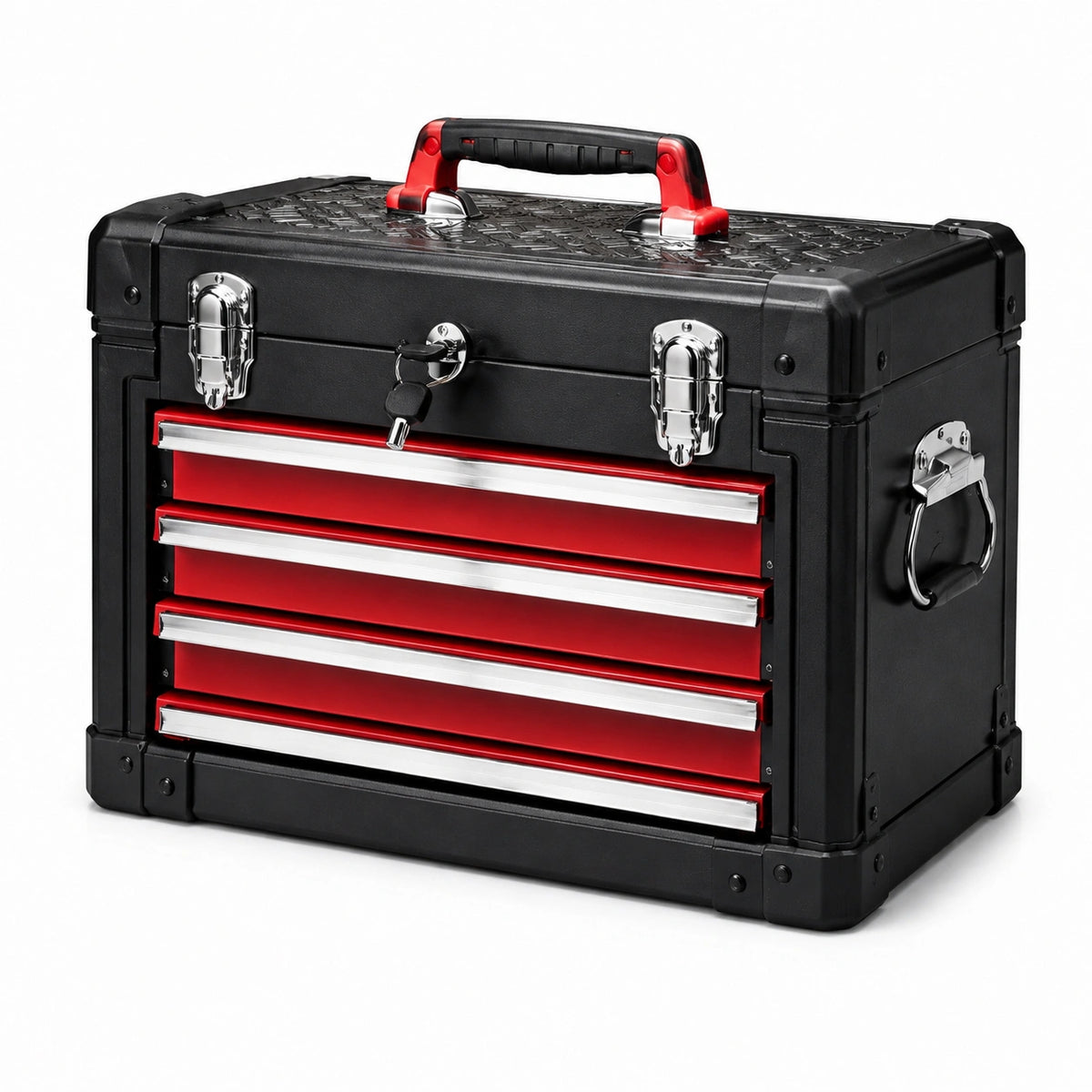 Caja de herramientas de metal negro con 4 cajones rojos y cerradura