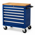 Carro de herramientas de metal azul con 7 cajones y superficie de madera