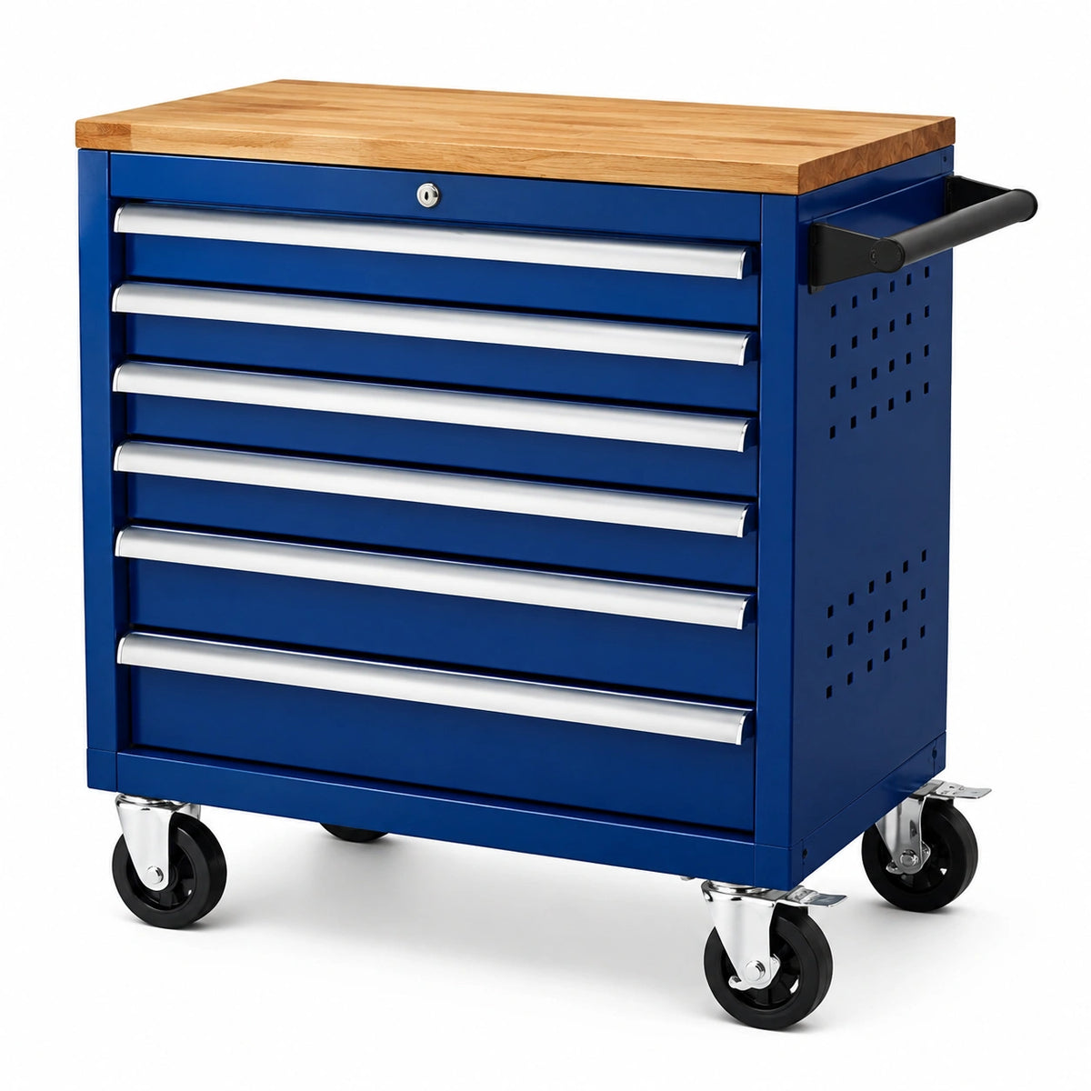 Carro de herramientas de metal azul con 7 cajones y superficie de madera