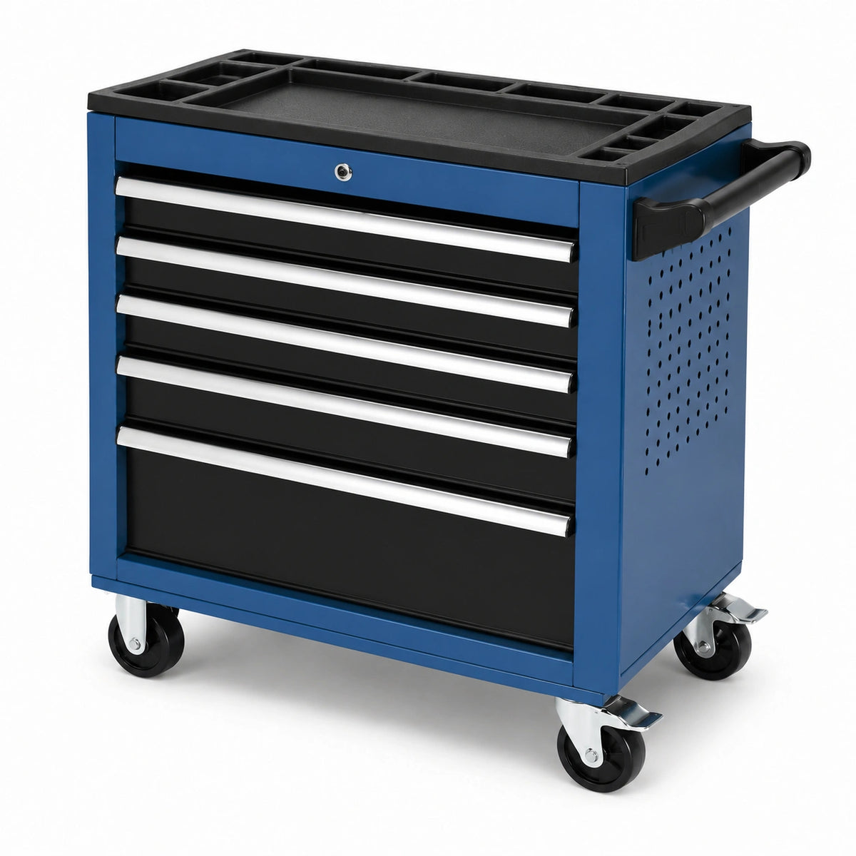 Carro de herramientas de acero azul y negro con 5 cajones