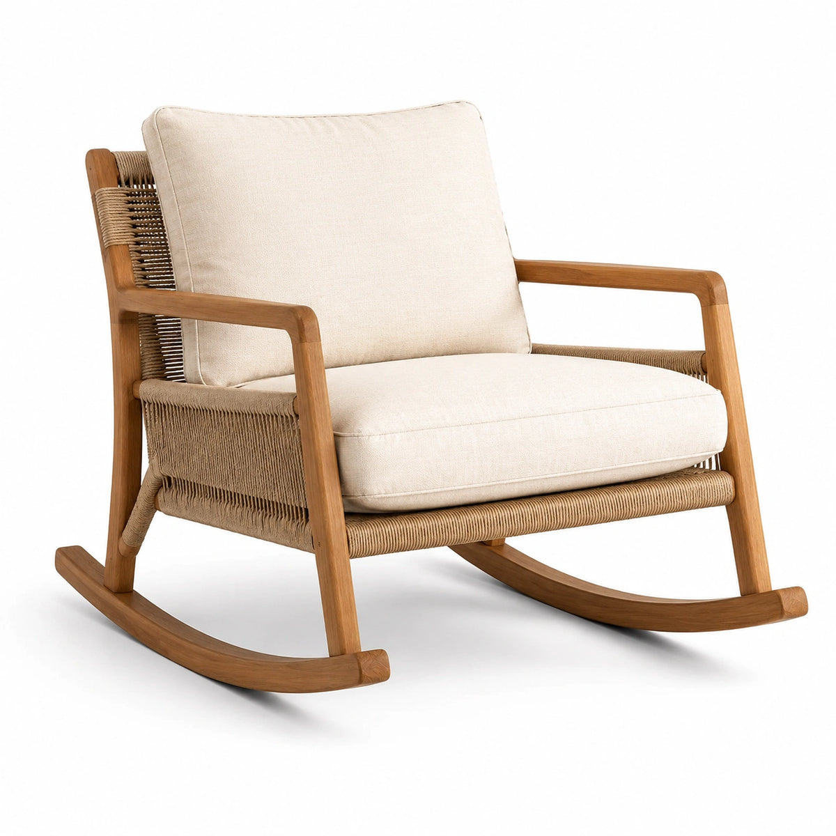 Mecedora de madera y cuerda con cojines de poliéster beige